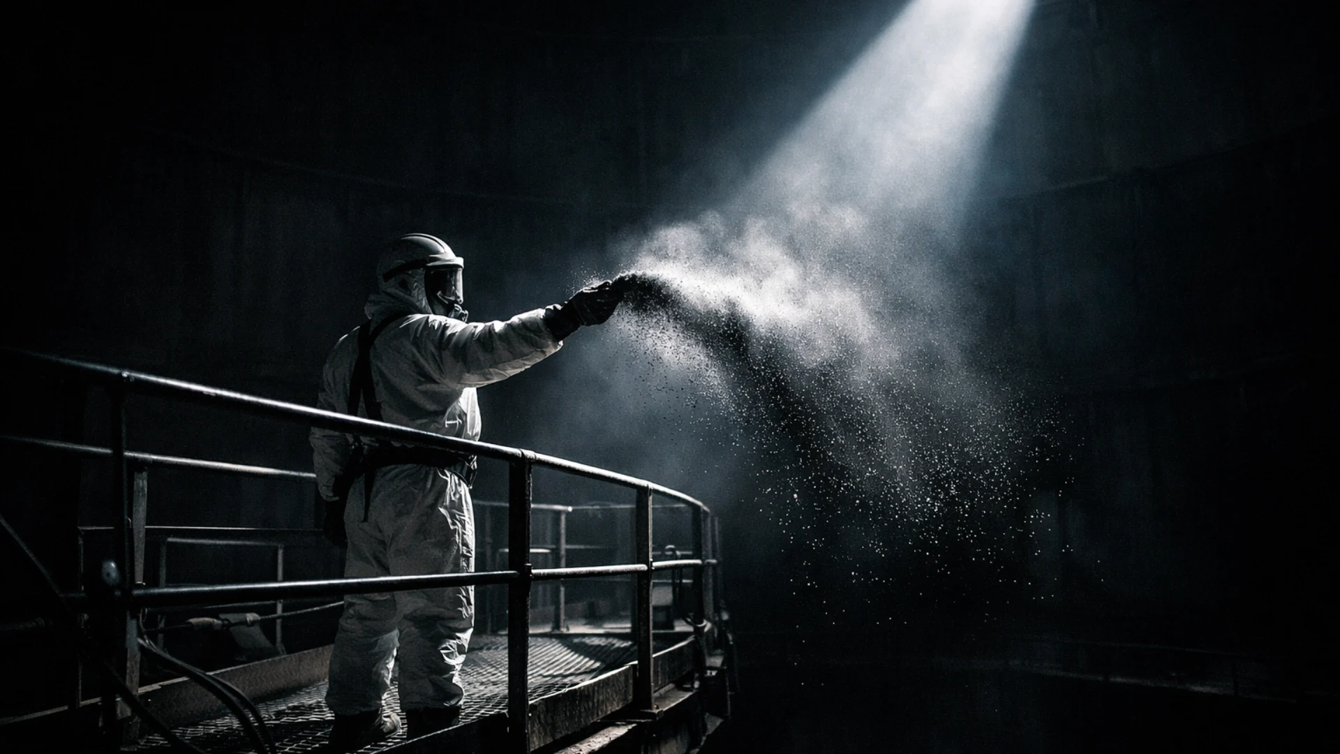 industrial-carbon-processing-facility Industrial worker handling activated carbon powder inside manufacturing facility for activated carbon and charcoal production.