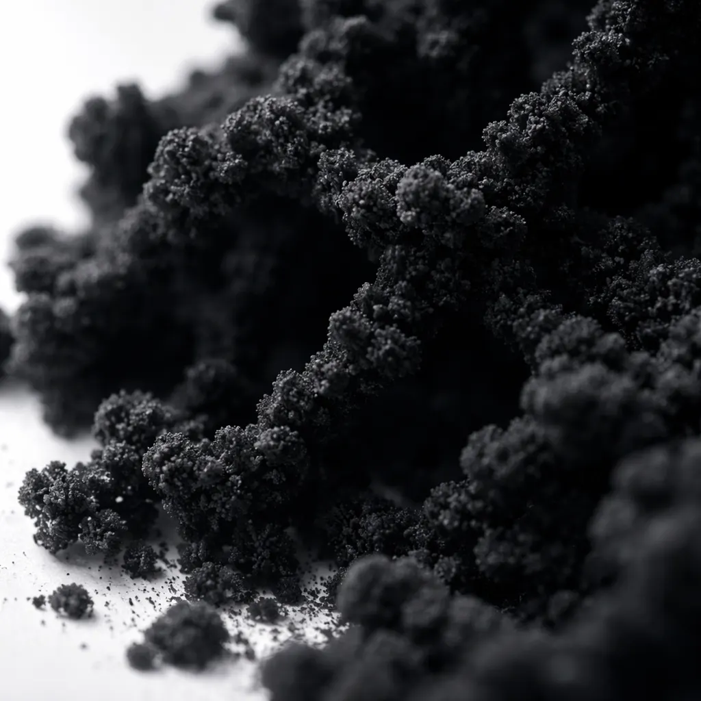 Acetylene carbon black powder with highly structured carbon particles and ultra fine texture.