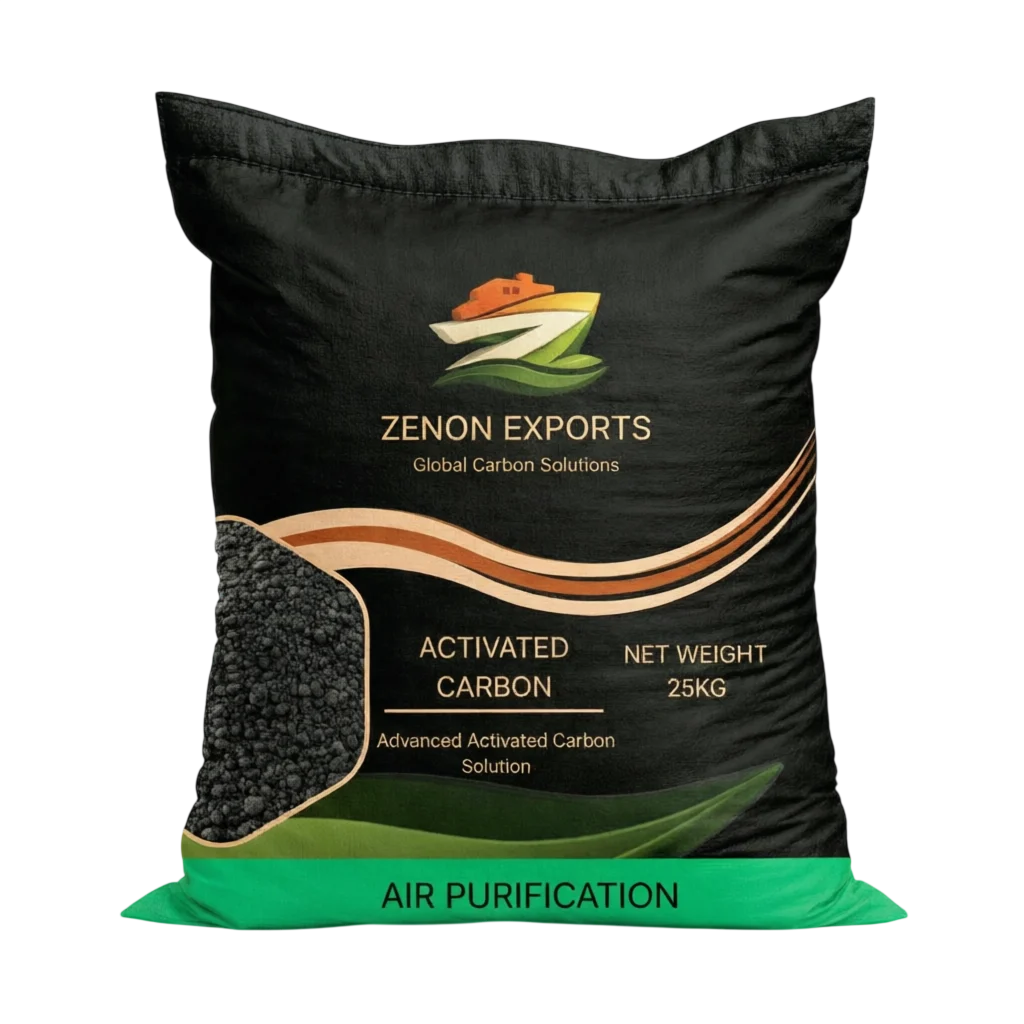 A premium 25kg bag of Zenon Exports advanced activated carbon, formulated specifically for industrial air purification, with a visual cutout showing the granular product inside.