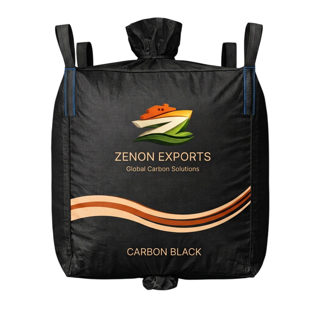 A large black FIBC jumbo bulk bag of premium Carbon Black, featuring the Zenon Exports Global Carbon Solutions logo for high-volume industrial export.