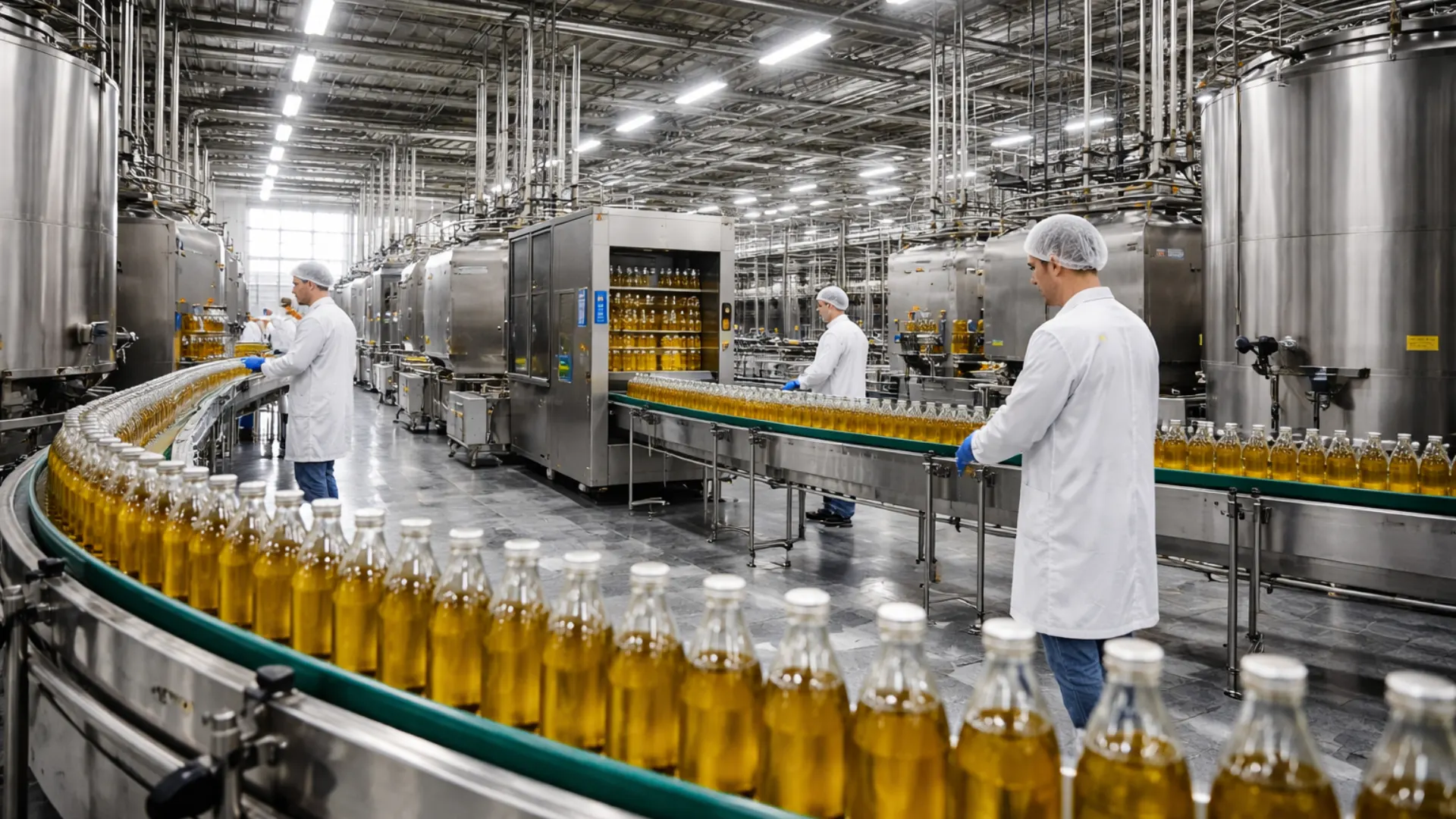 Large-scale food and beverage bottling facility processing edible oils, showcasing an industry that relies heavily on premium activated carbon for liquid decolorization, deodorization, and purification.
