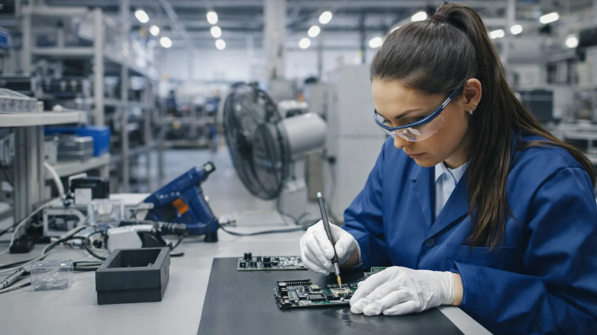 Female technician assembling printed circuit boards in a modern electronics manufacturing facility, where carbon black is essential for electrostatic discharge (ESD) protection and conductive packaging.