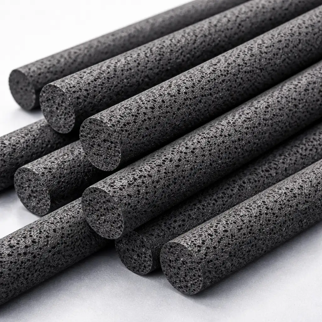 Detailed view of extruded activated carbon rods (EAC) with textured surface. Long cylindrical carbon extrusions broken to show porous interior structure for industrial solvent recovery.