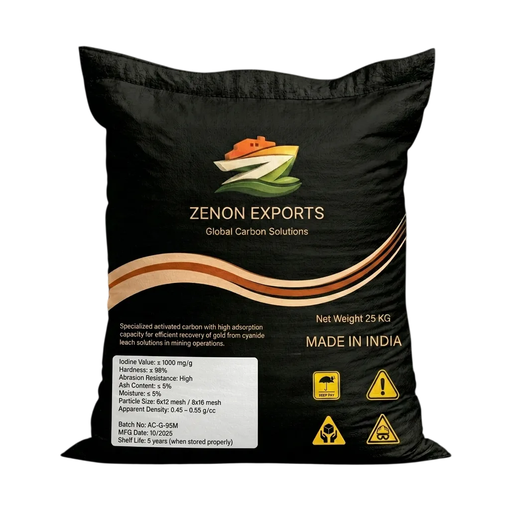 A 25kg export bag of Zenon Exports specialized activated carbon, displaying high-grade technical specifications—such as an iodine value of 1000 mg/g—engineered for efficient gold recovery in cyanide leach mining operations.