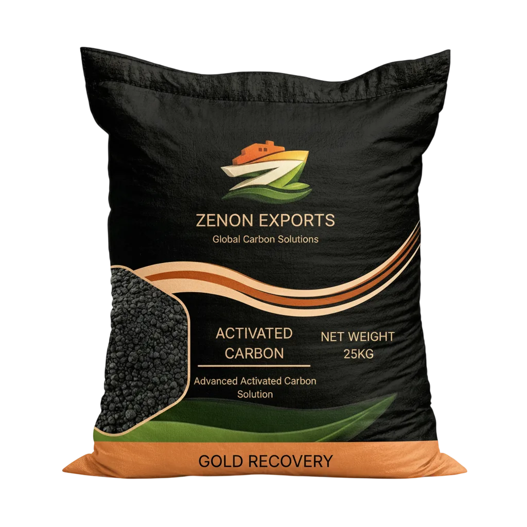 A 25kg heavy-duty packaging bag from Zenon Exports featuring advanced activated carbon granules optimized for high-yield gold recovery applications in the mining sector.