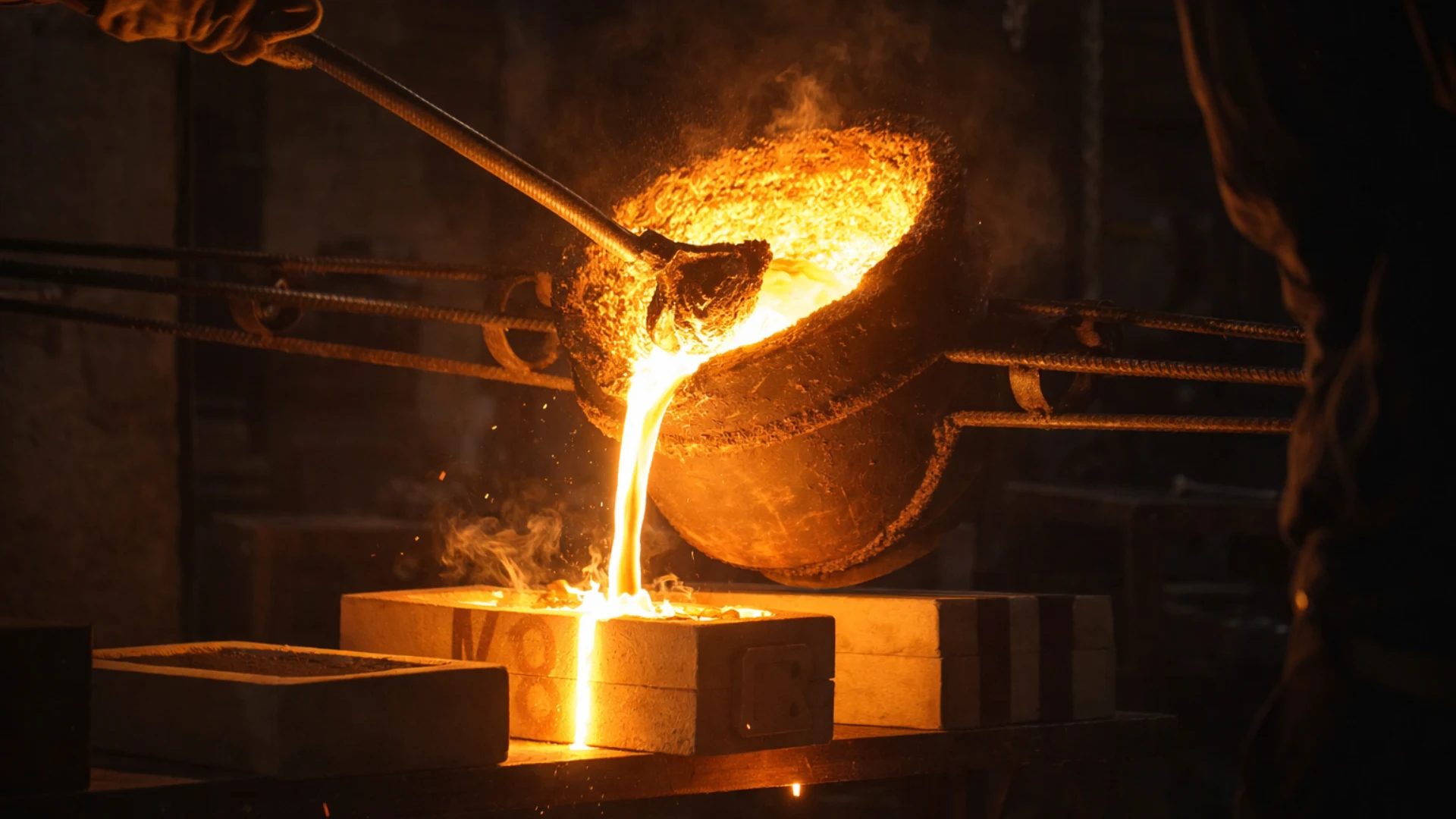 Glowing molten metal being poured from a crucible into an industrial mold at a high-temperature foundry, demonstrating the use of carbon-based reducing agents and additives in metallurgy.