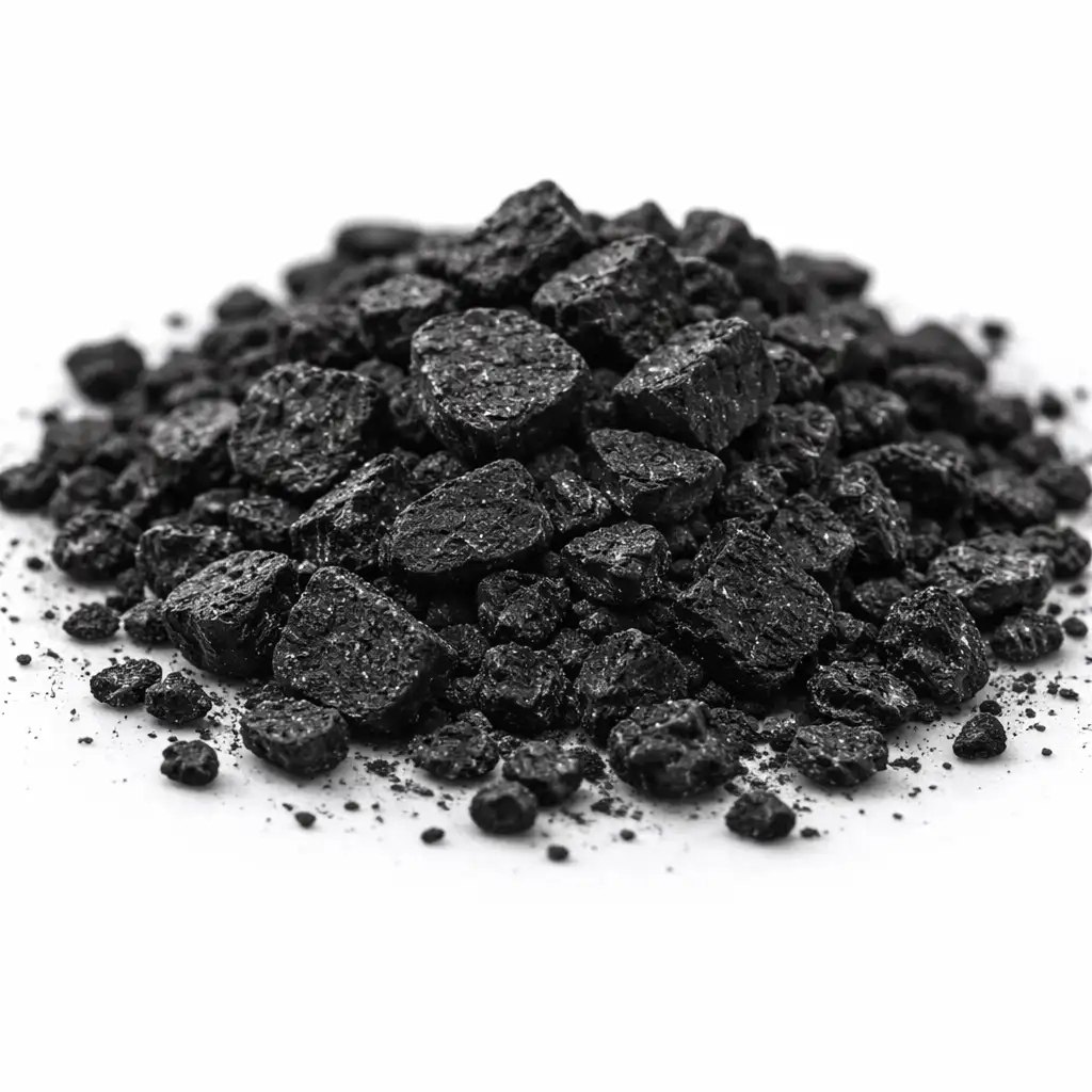 Close-up of irregularly shaped granular activated carbon (GAC) particles piled on a white surface. Porous black charcoal media used for water filtration and air purification.