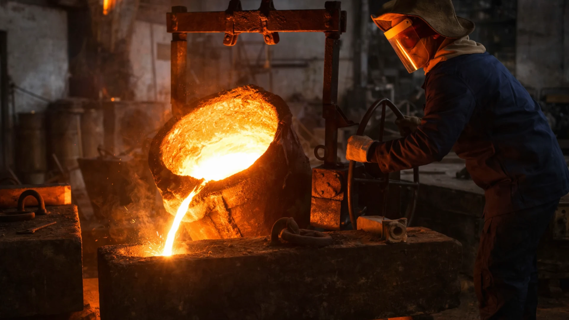 Industrial worker wearing heavy protective thermal gear operating a massive crucible to pour molten metal, representing the heavy industry application of carbon products in metal casting and steel manufacturing.