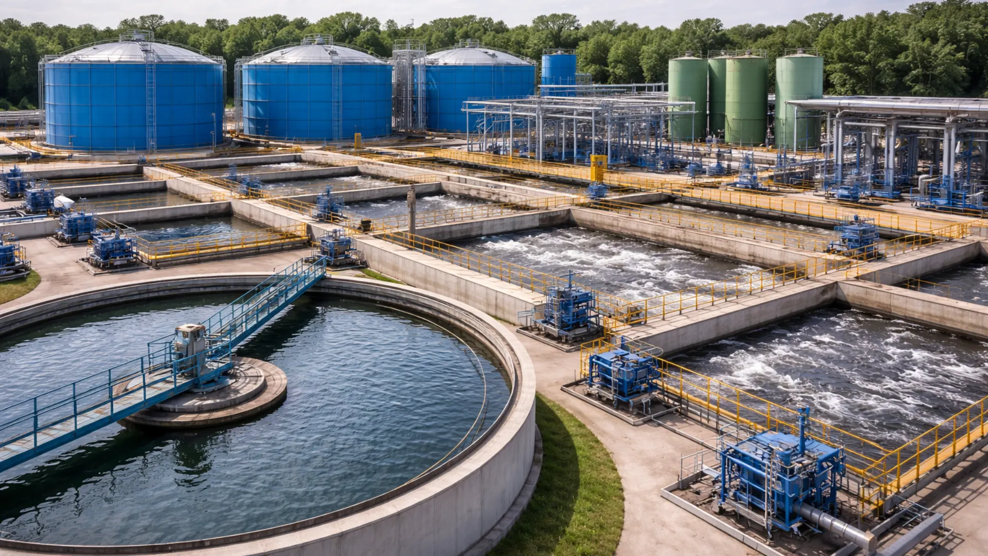 Extensive municipal and industrial wastewater treatment plant utilizing large-scale activated carbon filtration systems for water purification and effluent management.