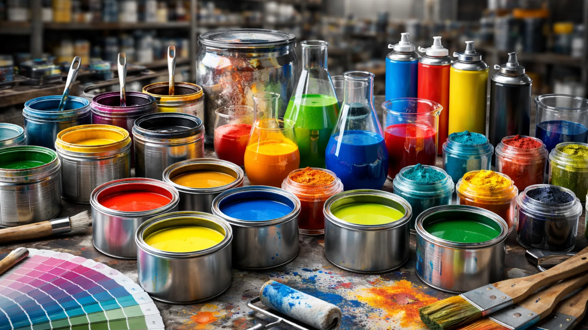 Laboratory workbench showcasing colorful paint pigments, liquid coatings in glass beakers, and color swatches, representing the application of carbon black in premium inks and industrial paints.