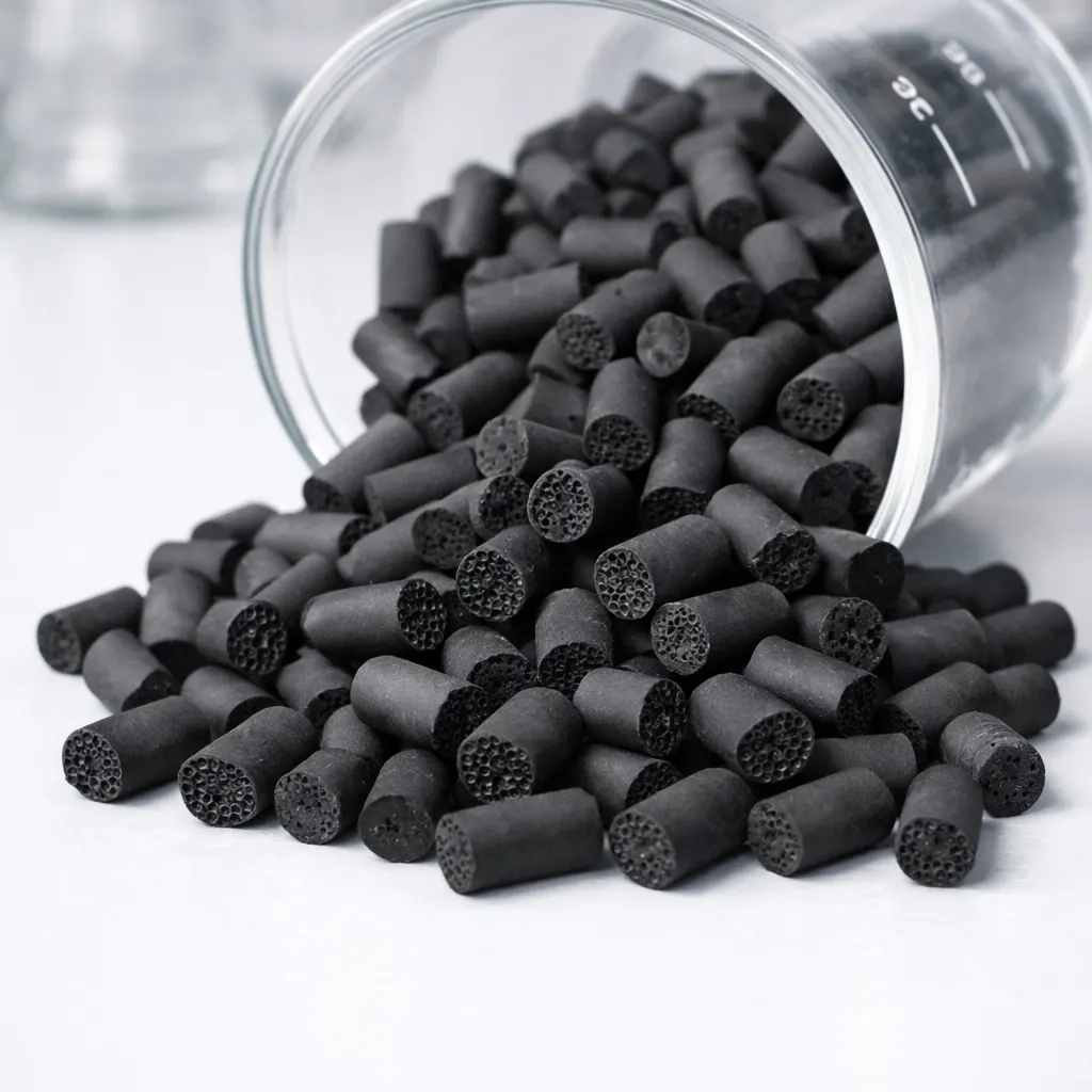 Uniform cylindrical pelletized activated carbon pellets piled together. Small black extruded carbon media with smooth surface for gas phase filtration applications.
