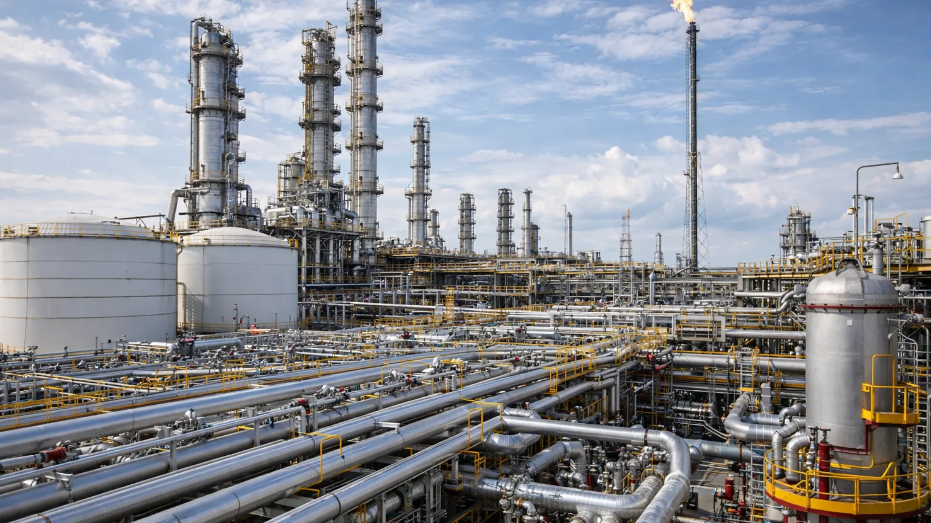 Large-scale petrochemical refinery facility showcasing industrial infrastructure where activated carbon is utilized for gas purification and vapor recovery.