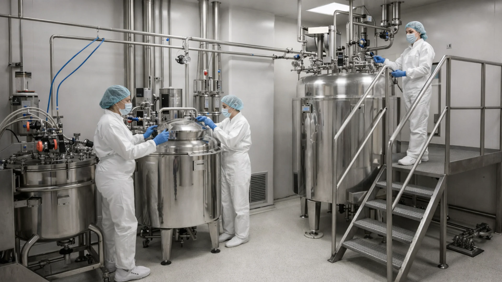 Pharmaceutical technicians in a sterile cleanroom operating stainless steel reactor tanks, where activated carbon is essential for API purification and liquid decolorization.