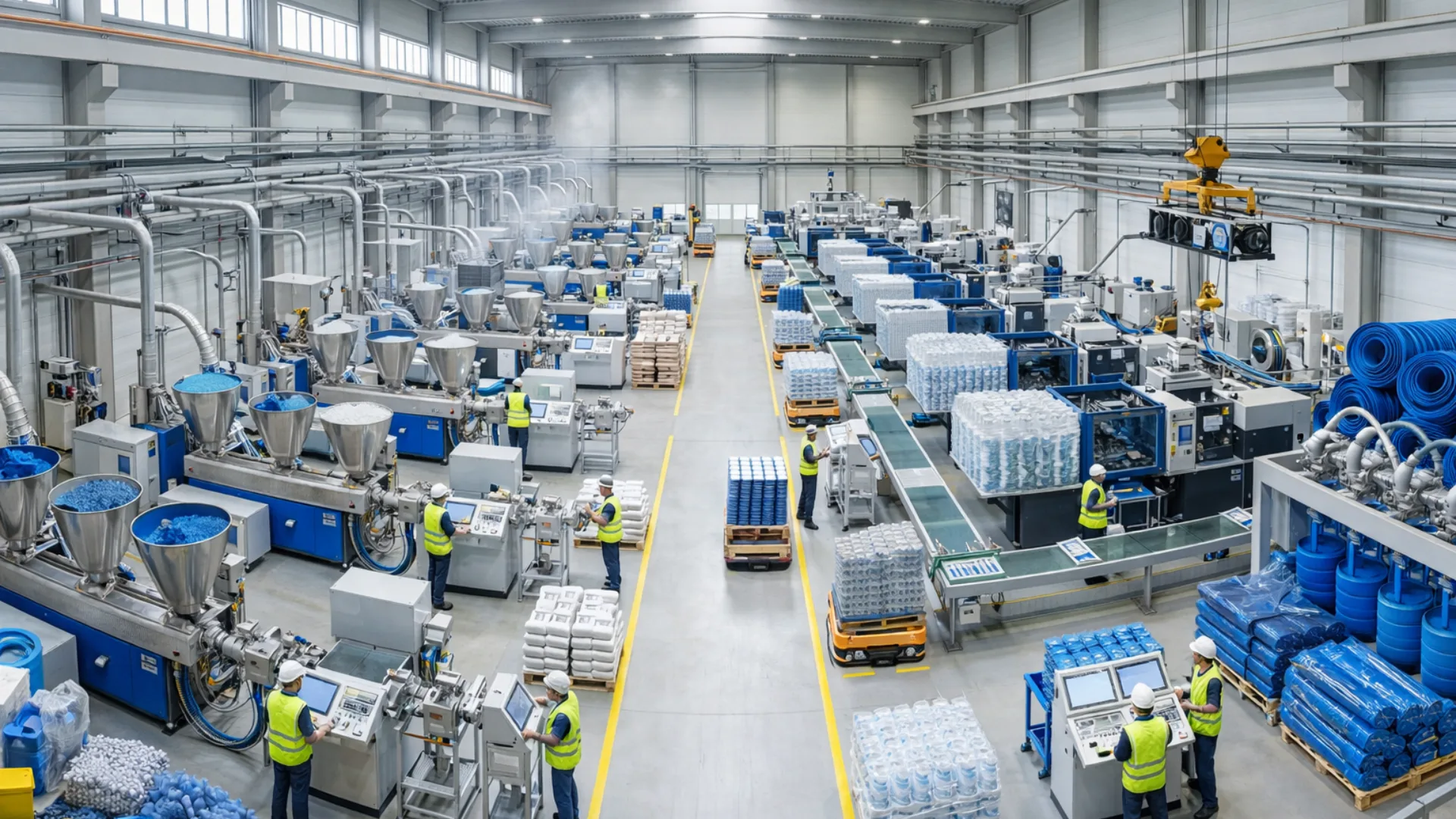 High-tech plastics and polymer manufacturing facility operating automated injection molding machines and utilizing carbon black for UV protection and compounding.