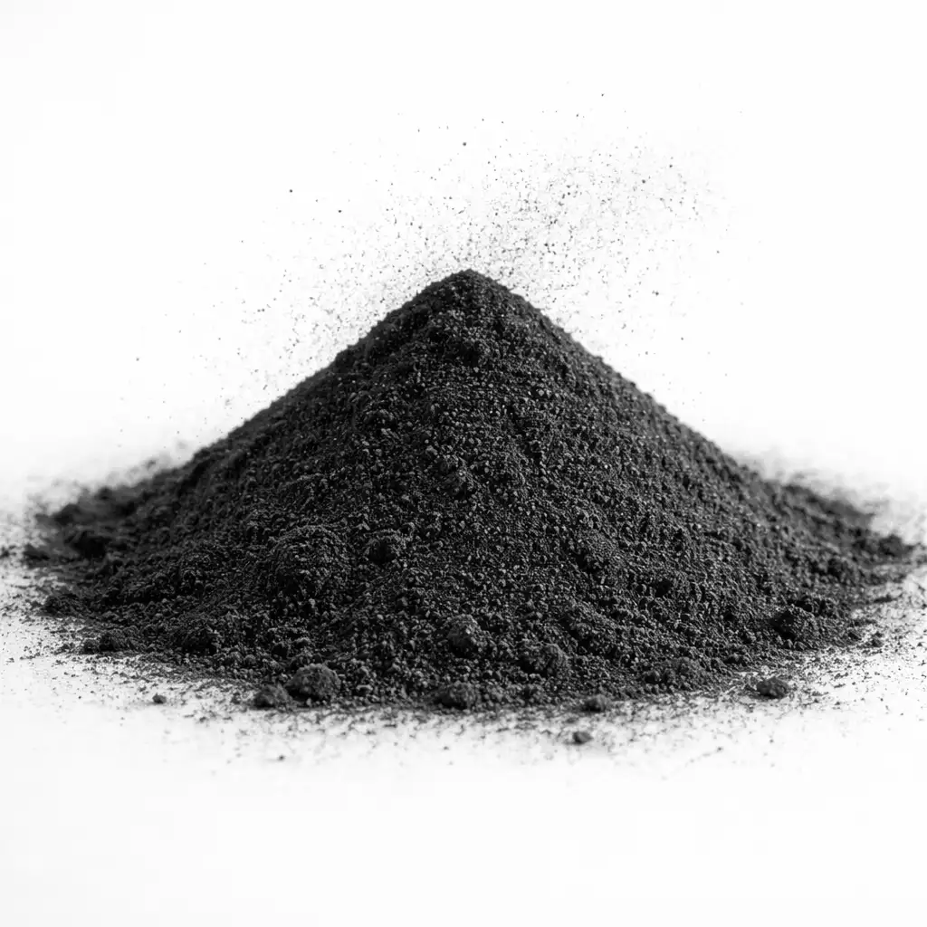 Fine black powdered activated carbon (PAC) mounded on a metal surface. High surface area carbon powder for industrial chemical purification and decolorization processes.
