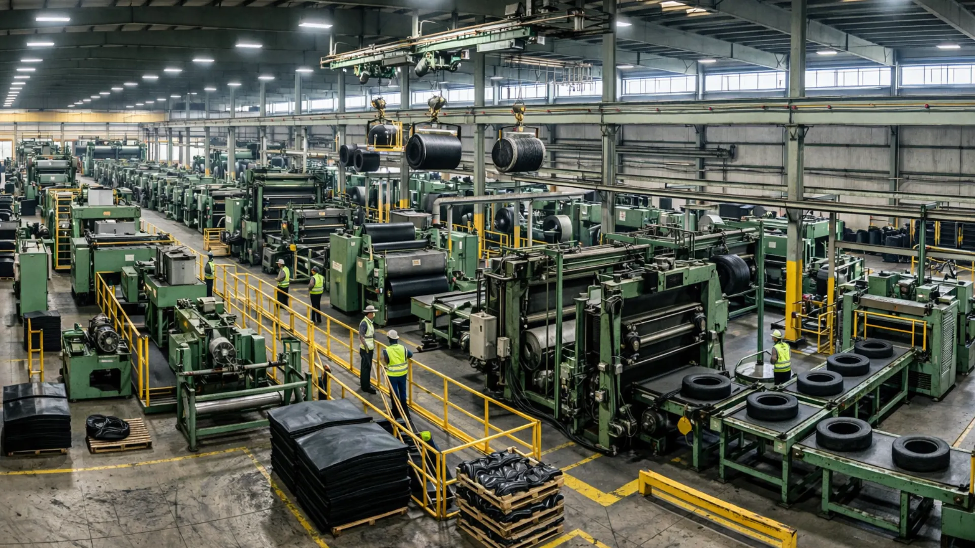 Massive industrial rubber and tire production unit demonstrating the large-scale manufacturing process utilizing carbon black as a reinforcing filler.