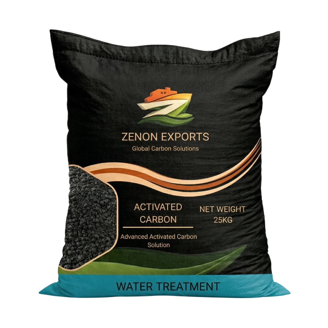 A branded 25kg export bag of Zenon Exports advanced activated carbon, highlighting the granular media designed for large-scale municipal and industrial water treatment.