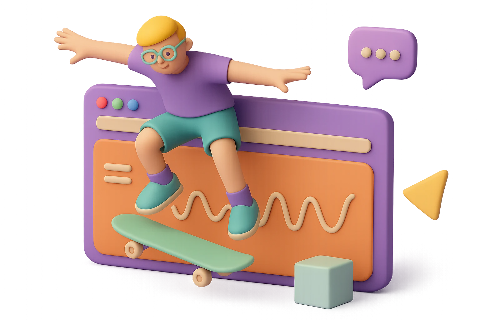 Creative 3D web design concept featuring a character skateboarding out of a digital interface, representing fast internet surfing, UI/UX design, and digital communication.