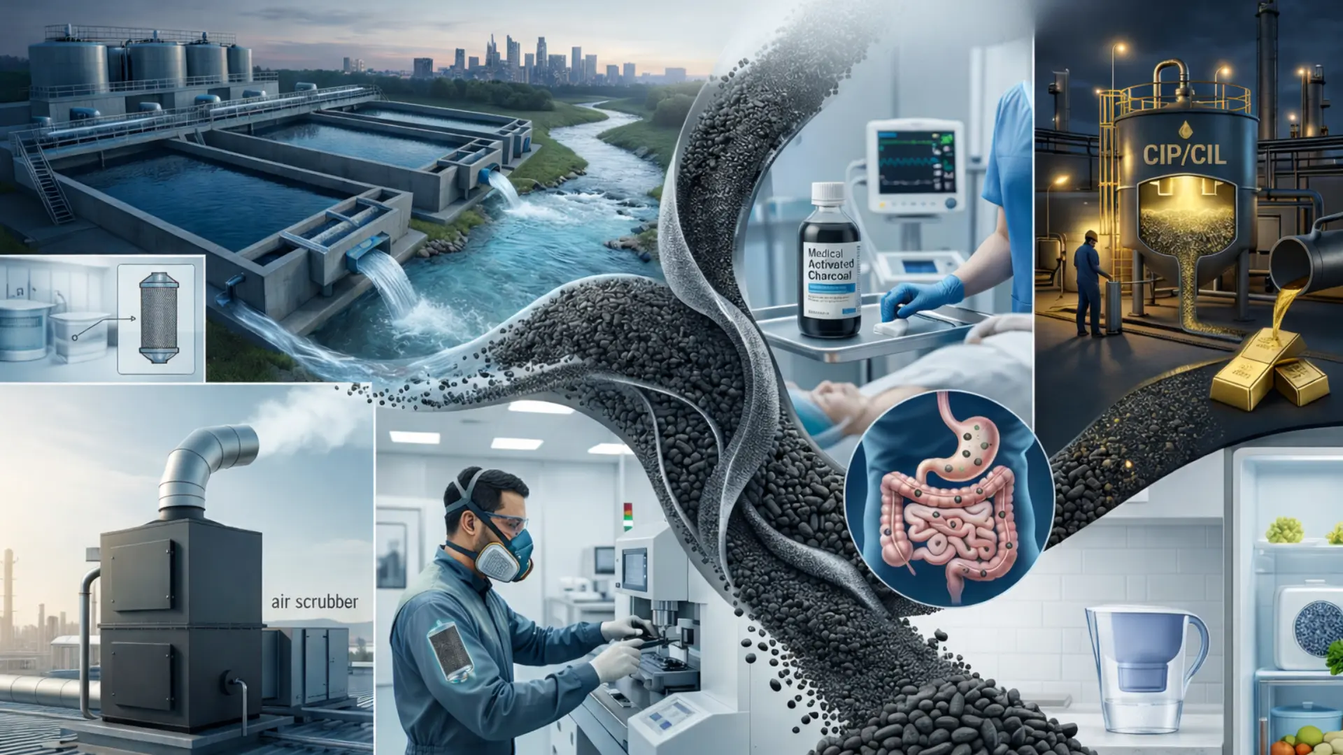 Comprehensive infographic from Zenon Exports illustrating the diverse applications of activated carbon as a universal adsorbent, showcasing large-scale water treatment, CIP/CIL gold recovery, industrial air scrubbers, and medical purification.