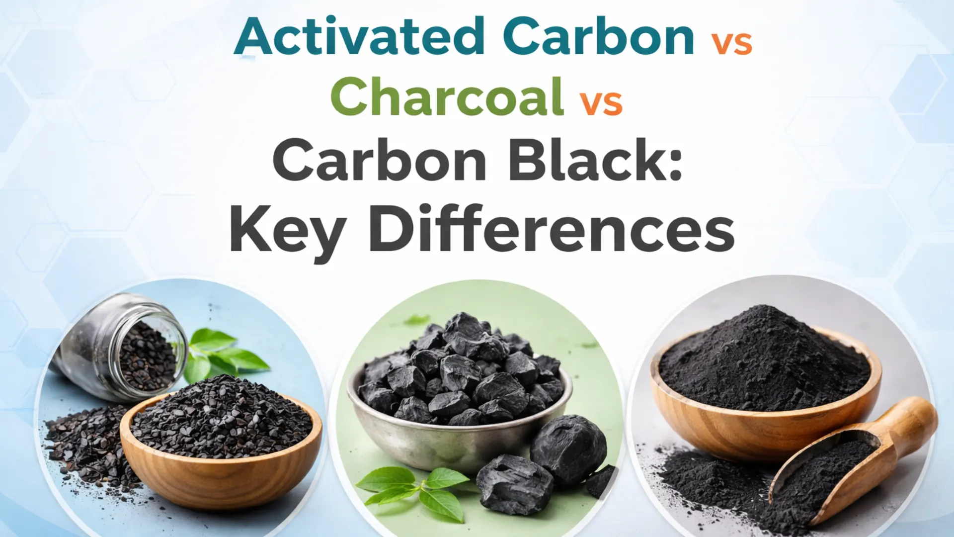 Side-by-side visual comparison of activated carbon, charcoal, and carbon black, highlighting key material differences for industrial sourcing.