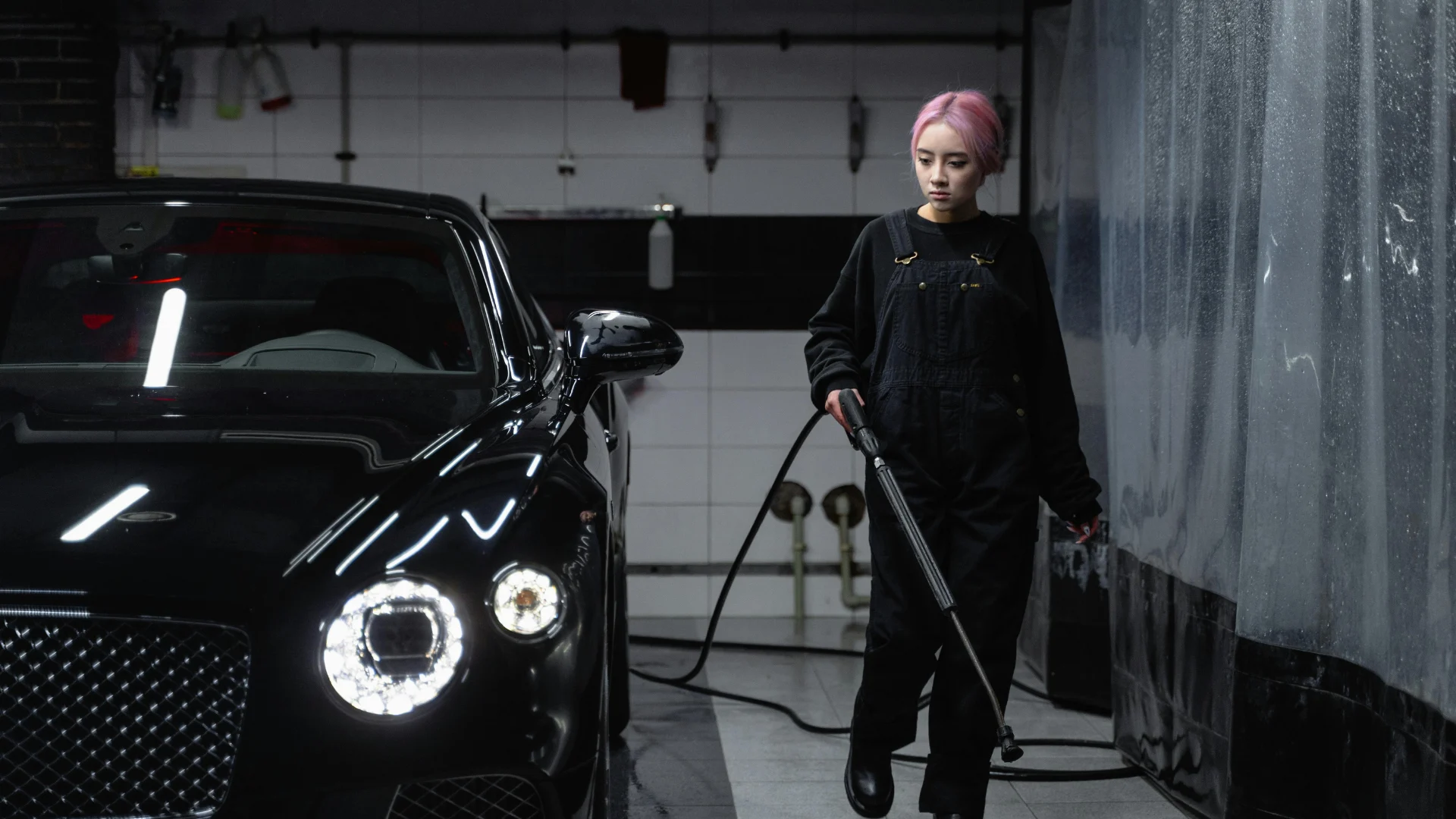 A worker carefully power washing a luxury black vehicle in a detailing bay, showcasing the deep, highly reflective pigment qualities of premium automotive carbon coatings.