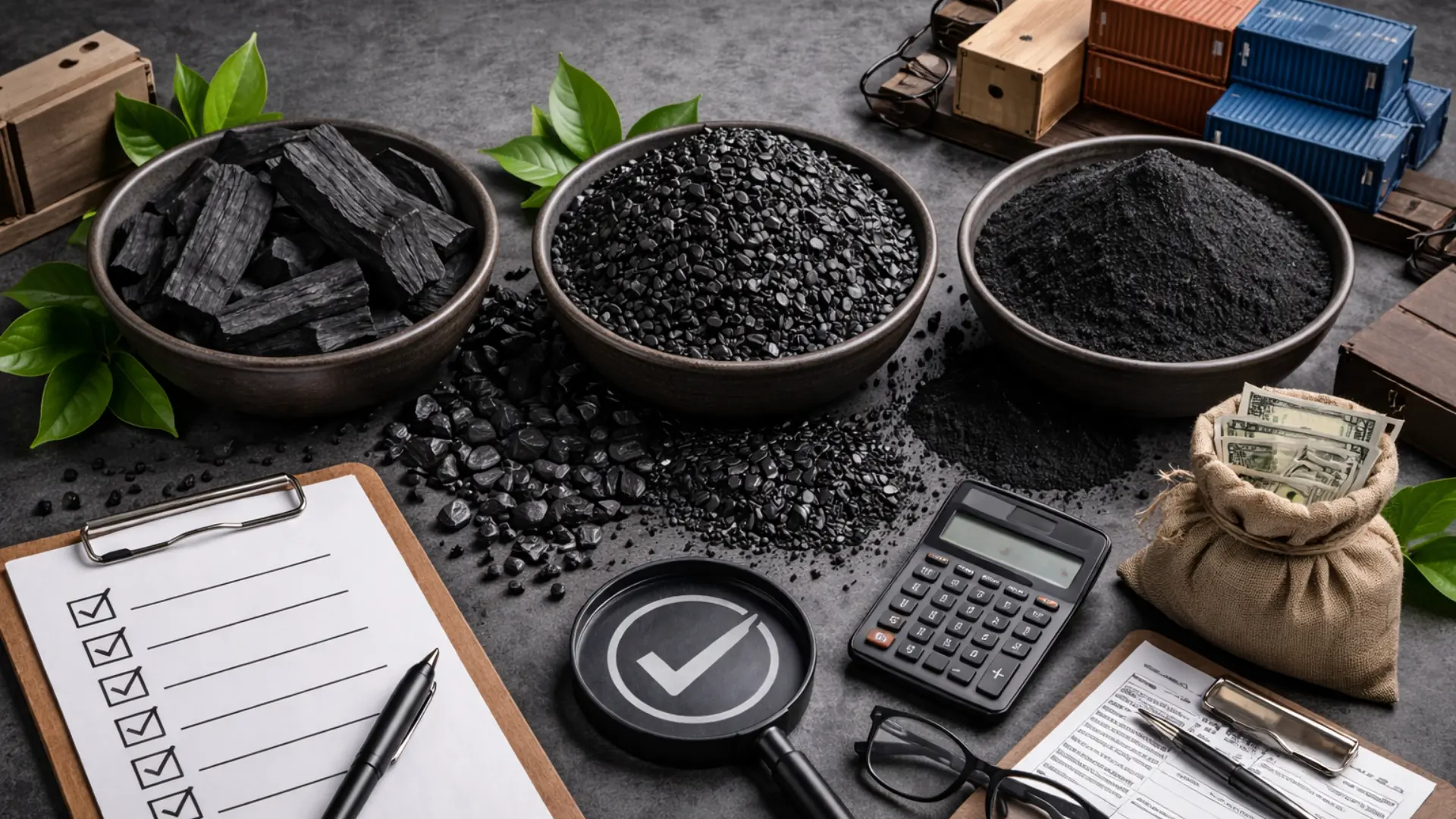Professional B2B desk layout featuring samples of charcoal, granular activated carbon, and carbon black powder, alongside export documentation checklists, a calculator, and miniature shipping containers for global trade planning.
