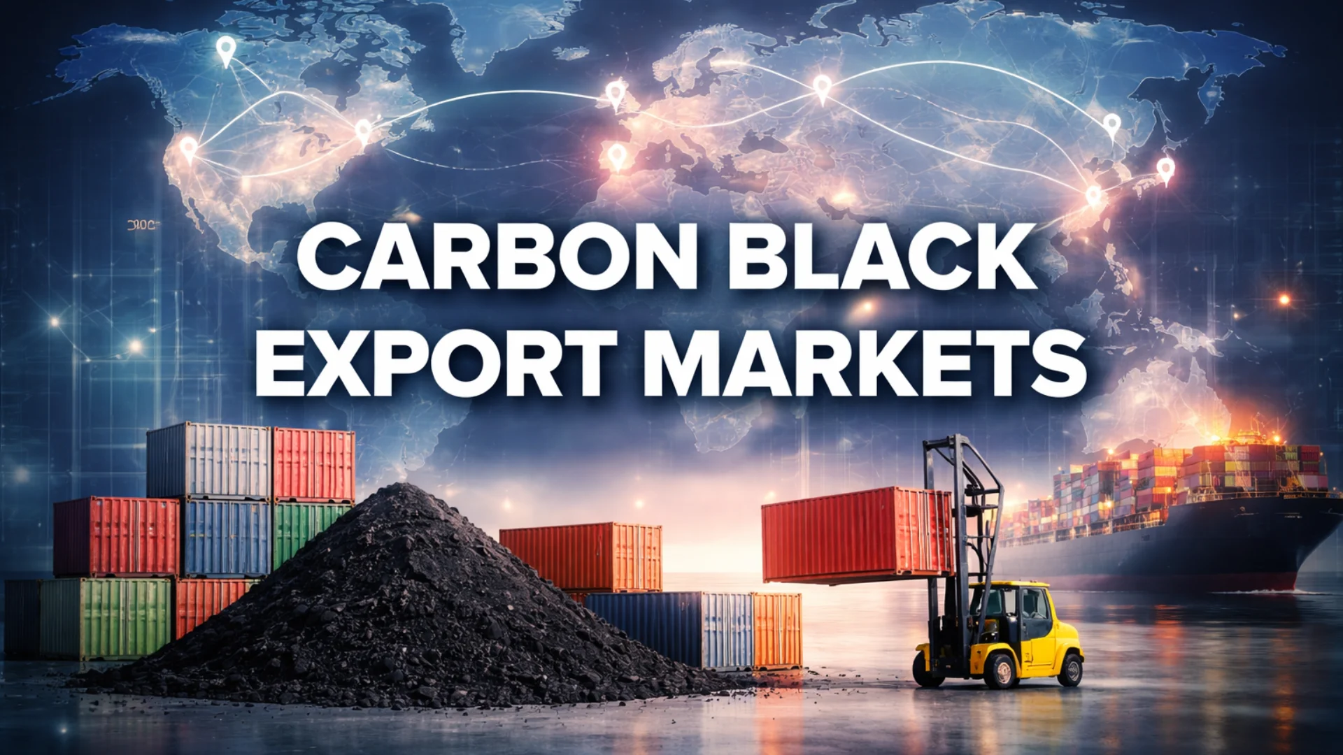Large stockpile of industrial carbon black at a port terminal with shipping containers and a global logistics map, illustrating worldwide export markets.