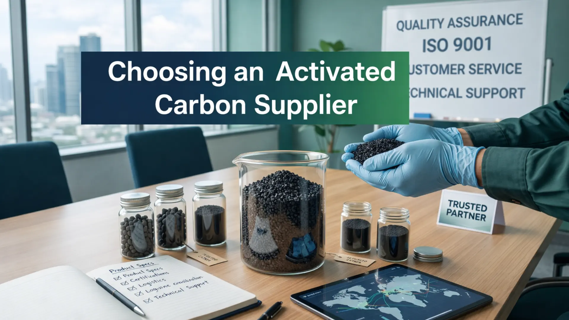 A professional business presentation on choosing a trusted activated carbon supplier, featuring premium granular carbon samples, global shipping logistics, and a commitment to ISO 9001 quality assurance and technical support by Zenon Exports.