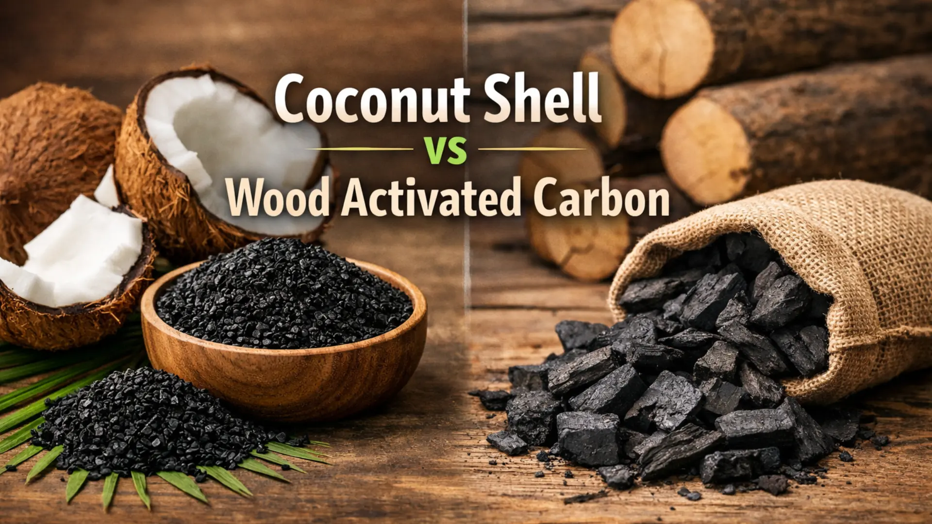 Side-by-side visual comparison of coconut shell activated carbon and wood-based activated carbon, detailing the raw materials and granular textures used for industrial filtration applications.