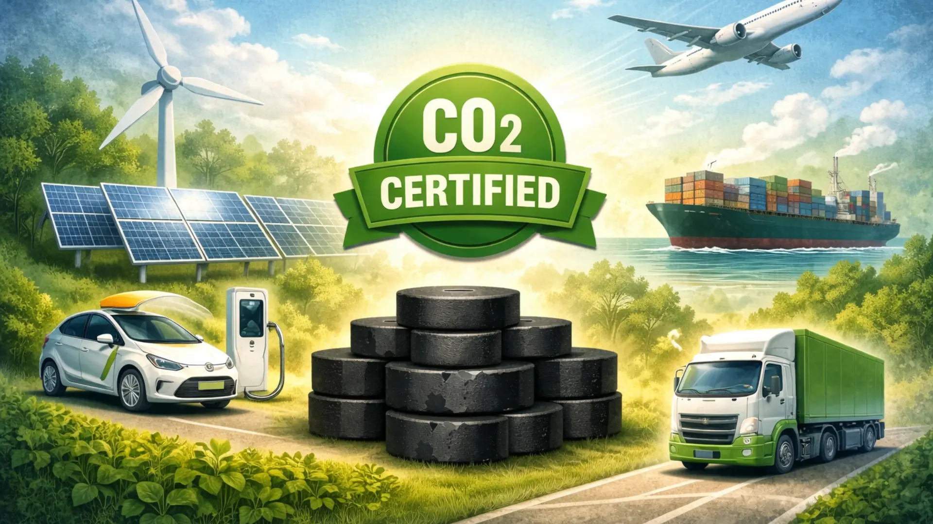 CO2 Certified badge displayed with industrial carbon briquettes, surrounded by sustainable global logistics infrastructure including solar panels, wind turbines, cargo ships, and green transport vehicles.