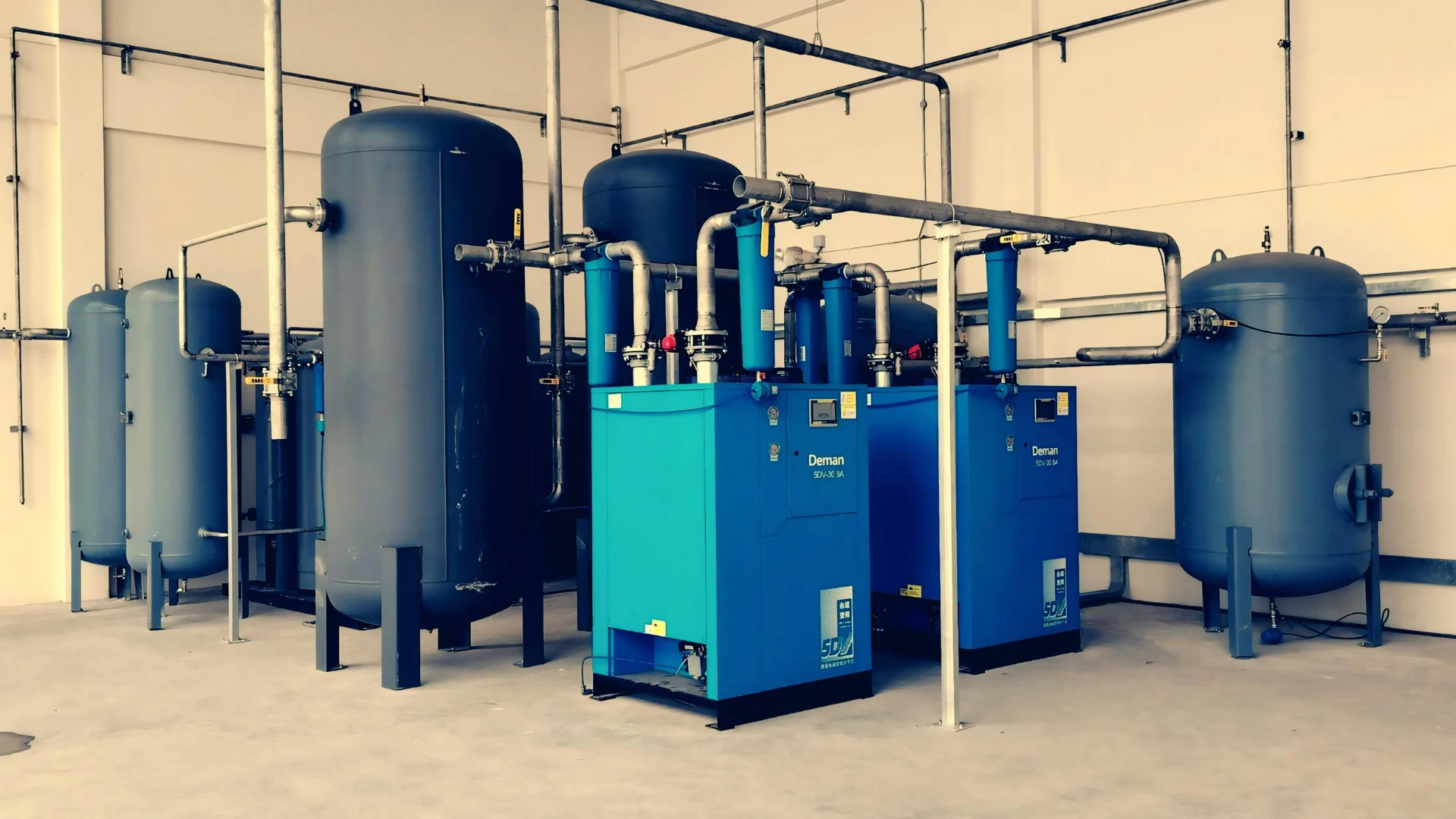 Interior view of a clean industrial facility showing a complex network of heavy-duty blue and grey pressurized tanks, compressors, and metal piping.