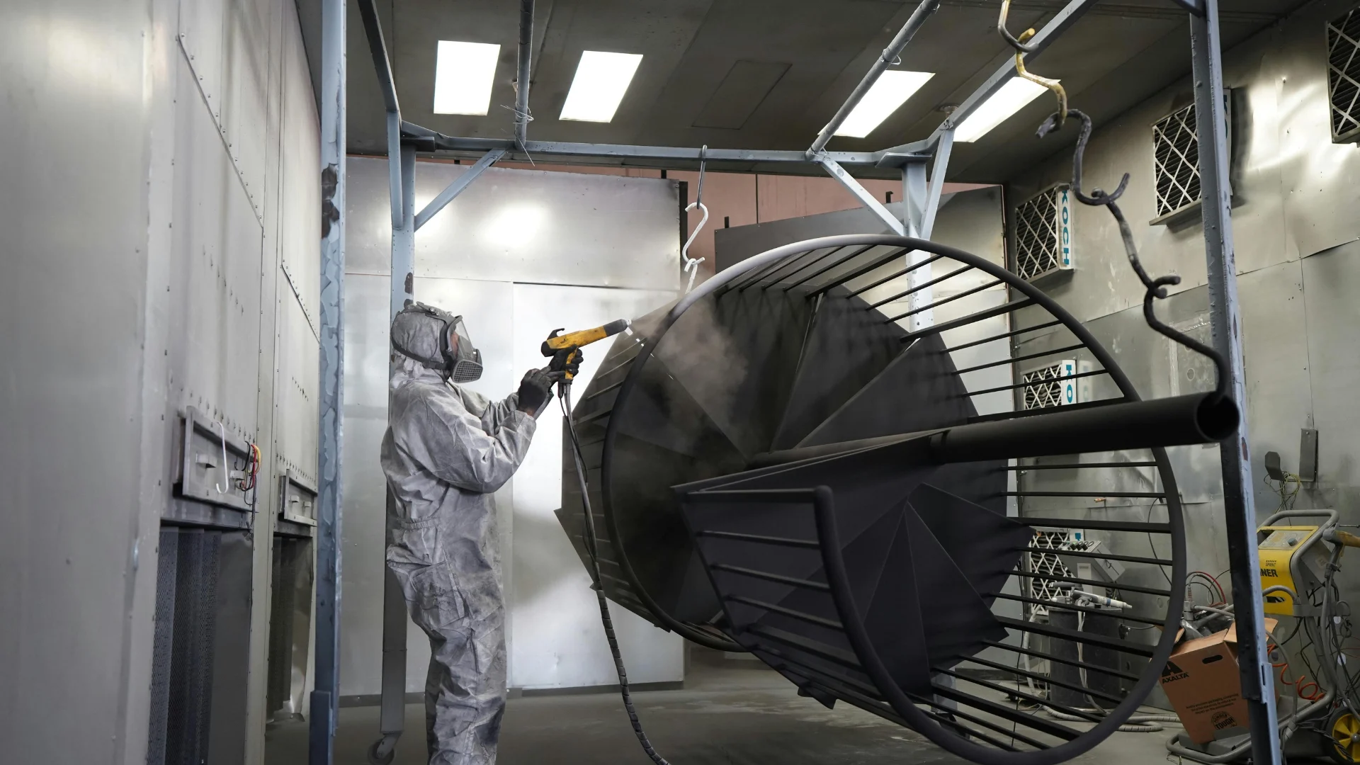 A technician in a full protective suit using a spray gun to apply a highly durable black powder coating finish to a metal spiral staircase inside an industrial paint booth.