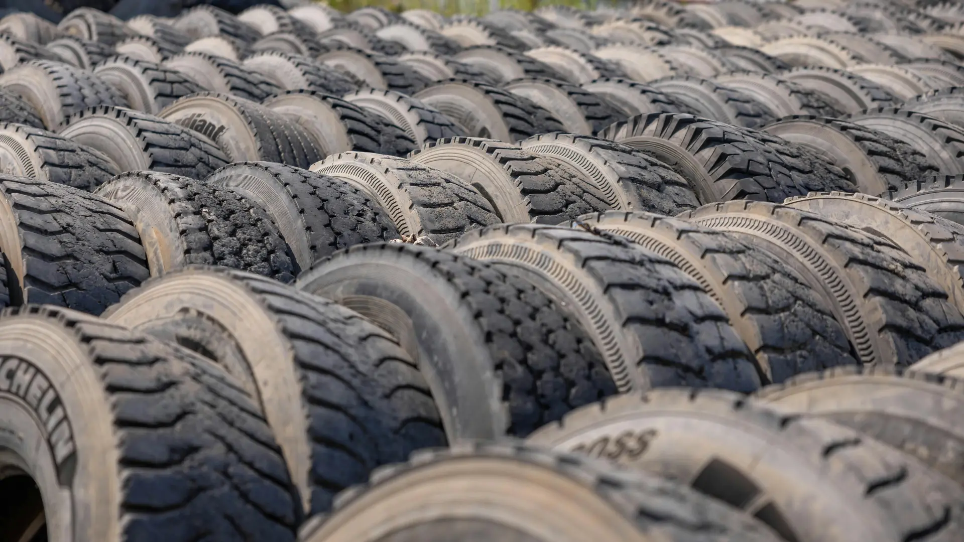 Hundreds of heavy-duty rubber tires stacked neatly in long rows at a large outdoor industrial storage yard or manufacturing facility.