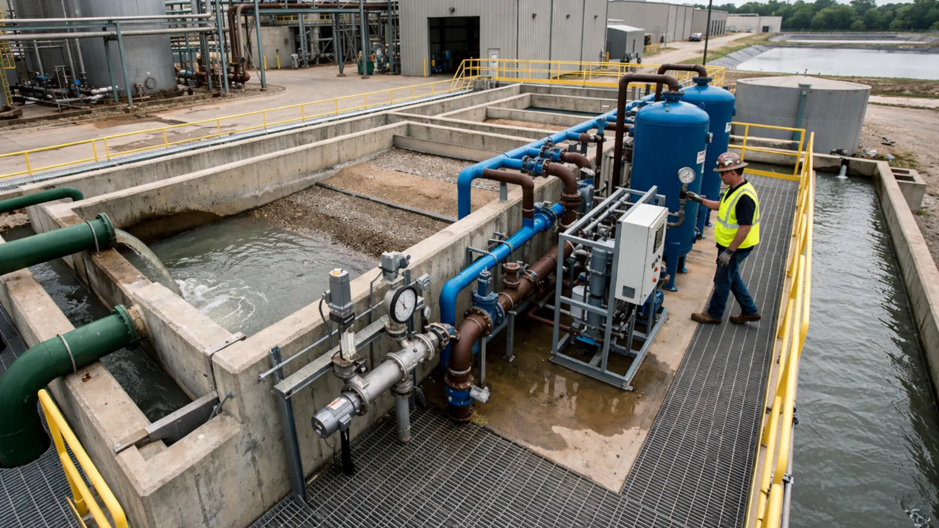 Worker inspecting blue carbon filtration tanks and piping at an industrial wastewater treatment and purification facility.