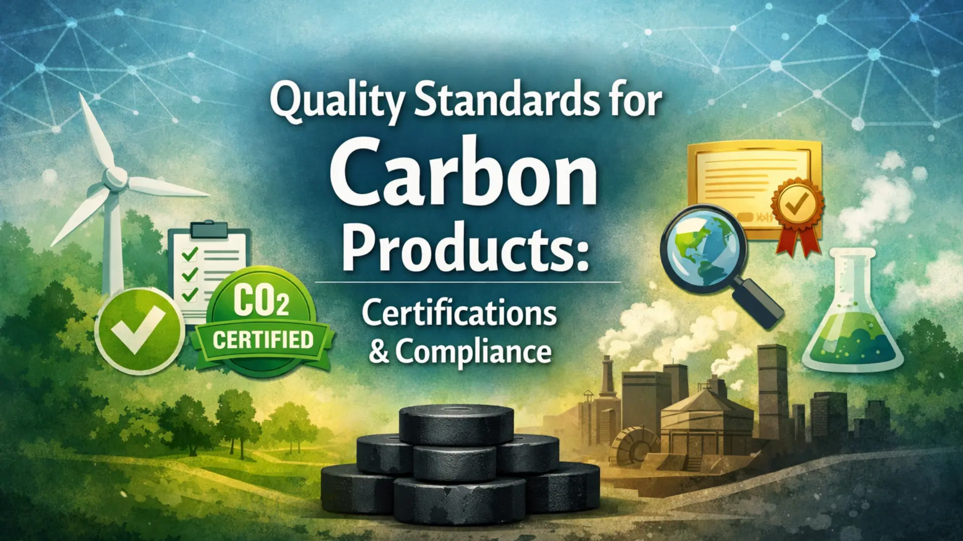 Quality standards and certifications for industrial carbon products, featuring CO2 compliance badges, laboratory testing icons, and eco-friendly manufacturing symbols.