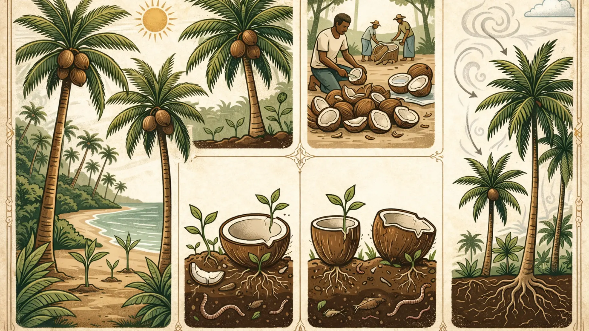 Vintage-style illustration depicting the sustainable harvesting and agricultural lifecycle of coconuts, showcasing the primary raw material sourcing for high-grade activated carbon production.