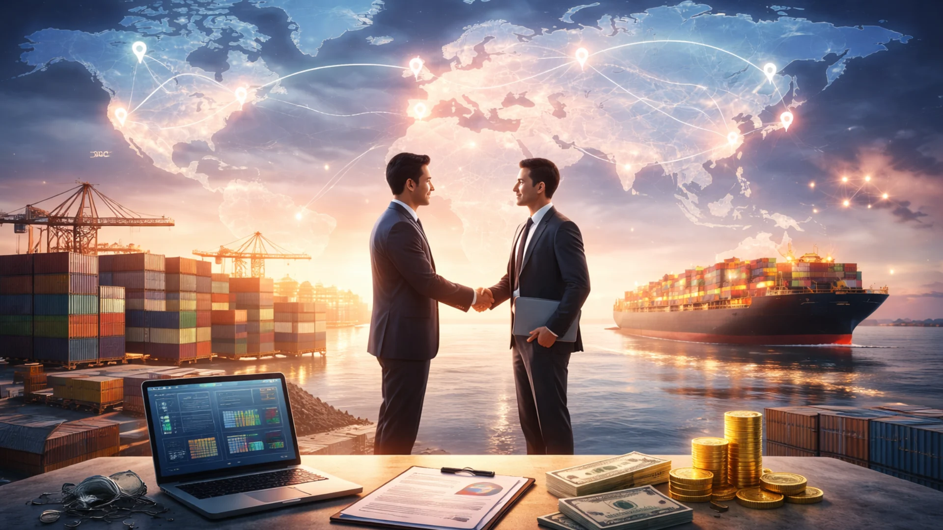 Two business executives shaking hands at a busy seaport with cargo ships and a glowing world map, representing international industrial export partnerships.